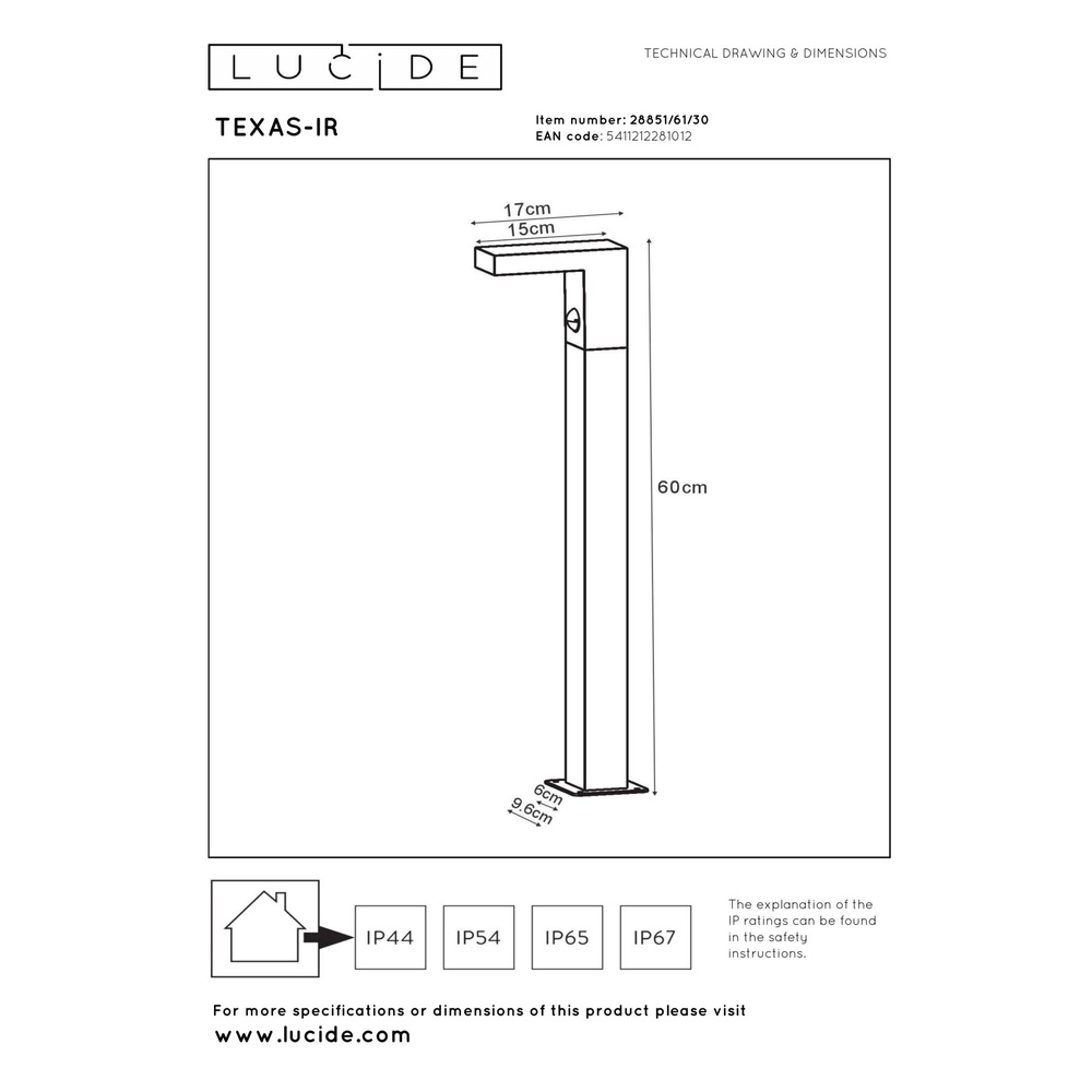 Pedestal lamp Texas-Ir with sensor anthracite Lucide 5411212281012
