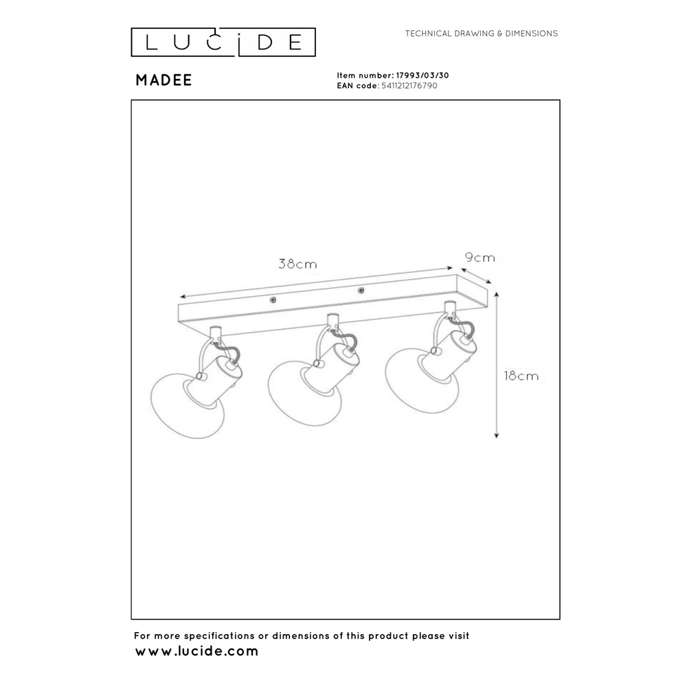 Ceiling lamp Madee 3-light black Lucide 5411212176790