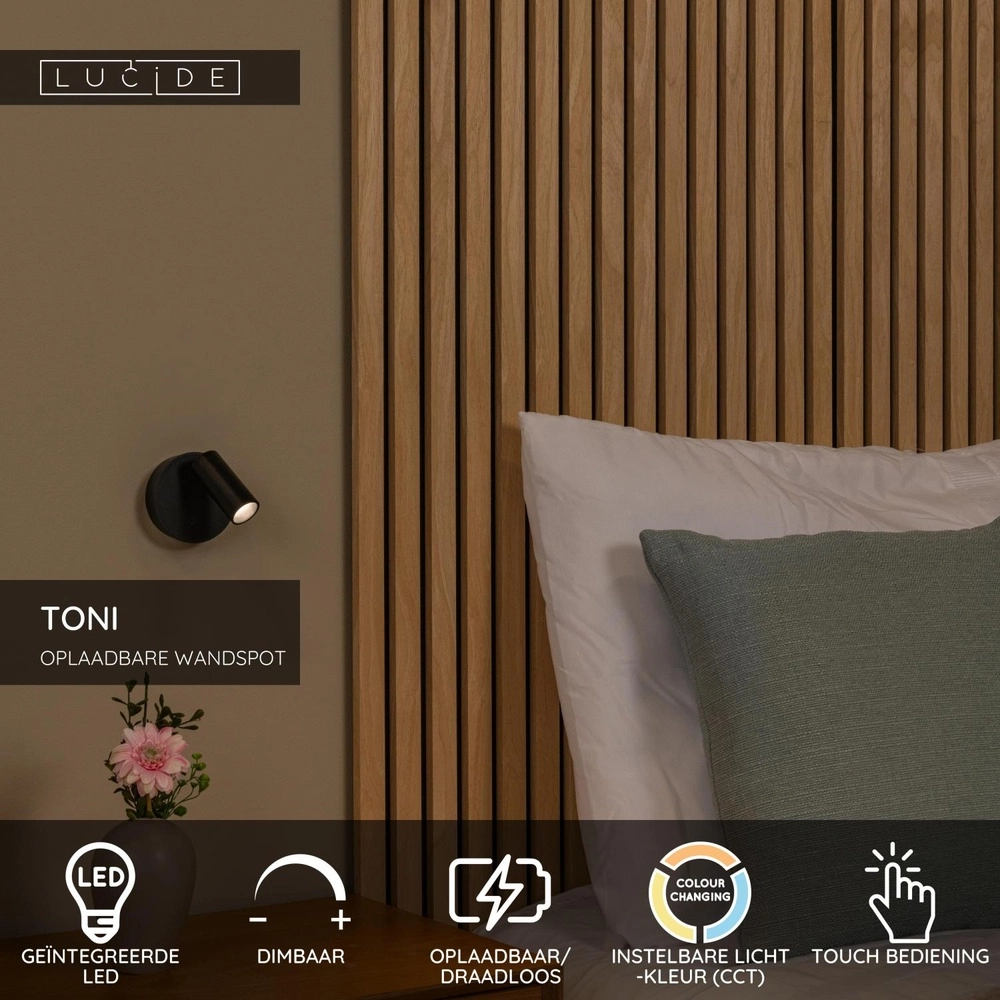 Rechargeable wall lamp Toni Magnetic Black Lucide 5411212290540