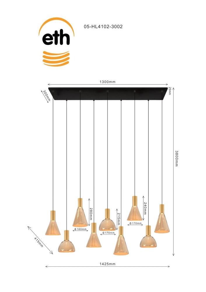 9-light dining table lamp Lisa Gold with amber glass ETH 8720195310211
