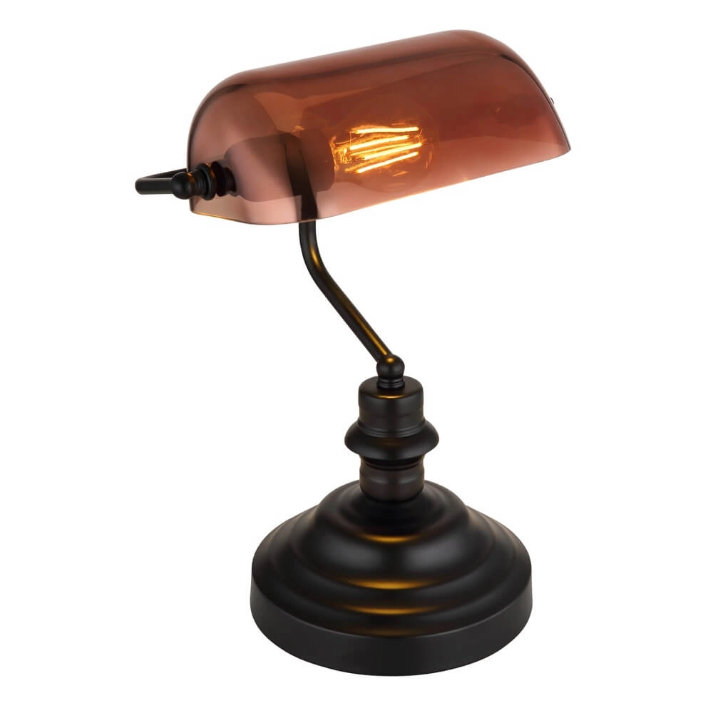 Classic desk lamp Antique black with brown glass
