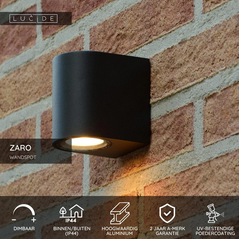 Wall spotlight Zaro IP44 single black Lucide 5411212690081