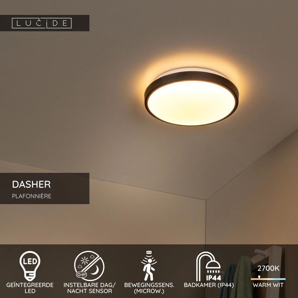Black ceiling light Dasher Ø 29.3cm IP44 for bathroom Lucide 5411212792075