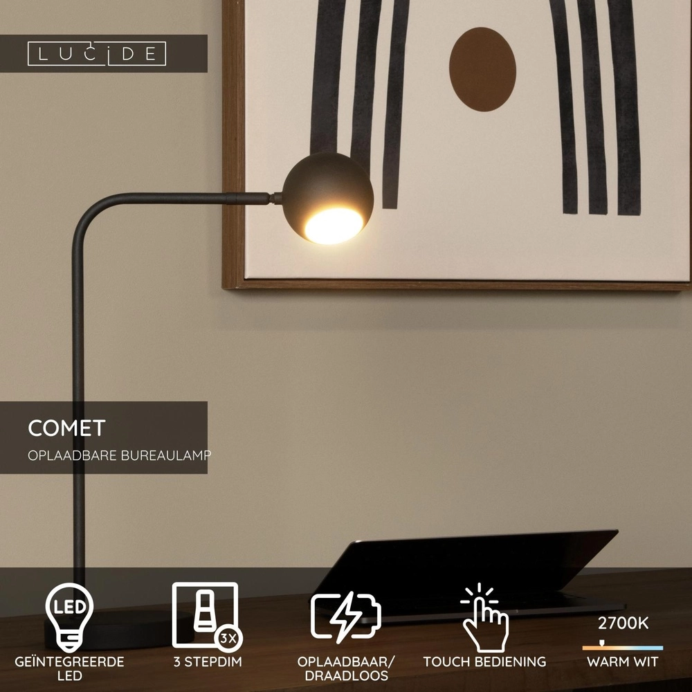 Rechargeable desk lamp Comet Black Lucide 5411212361288