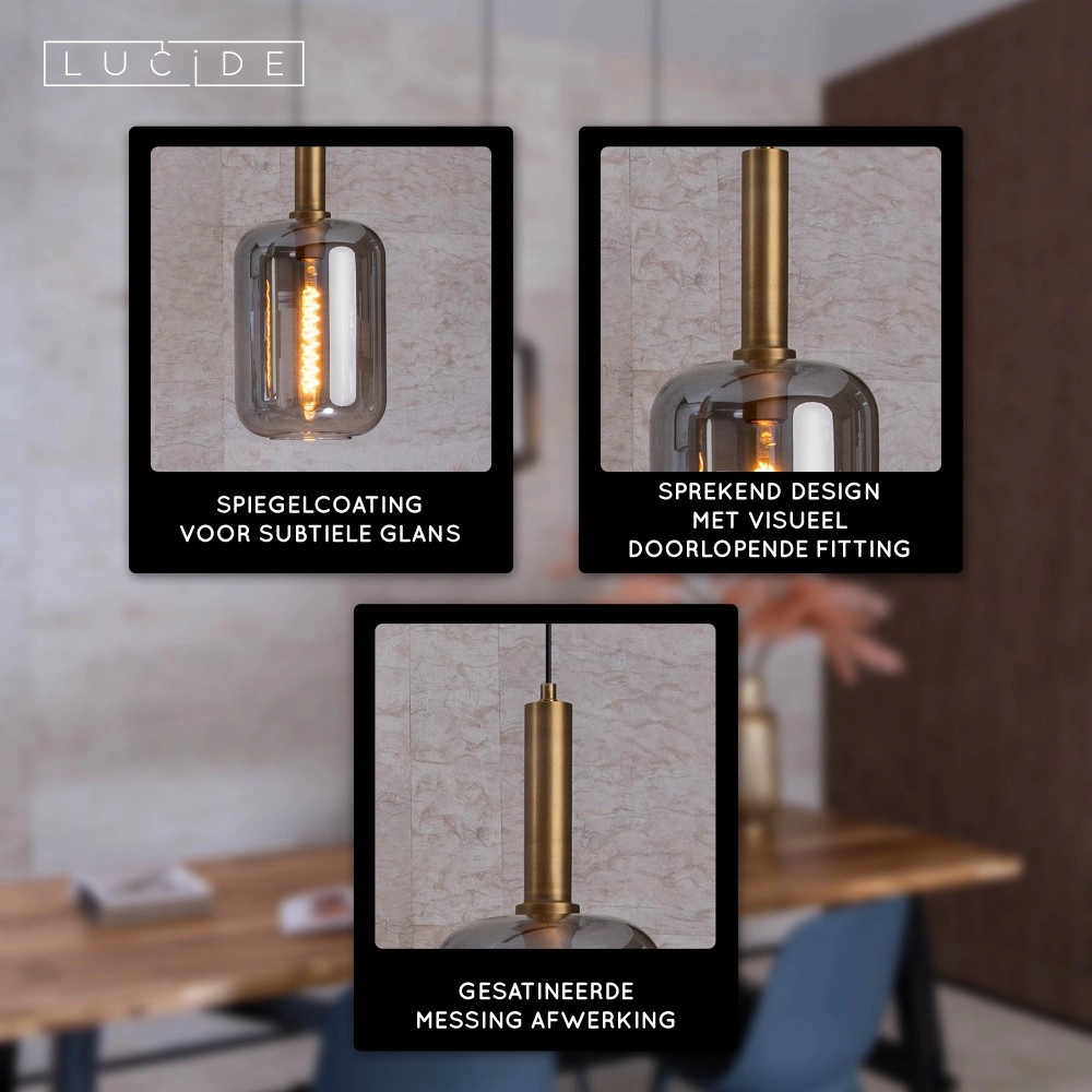 3-lichs pendant lamp Joanet Straight gold with smoke glass Lucide 5411212451989