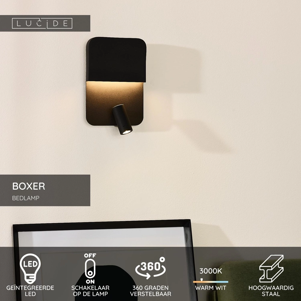 Bedside lamp Boxer black with USB charging point Lucide 5411212791535