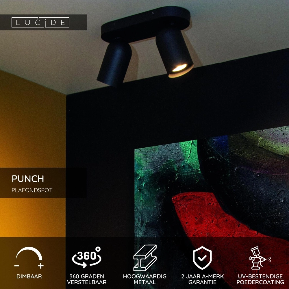 Ceiling spotlight Punch 2-light black Lucide 5411212134325