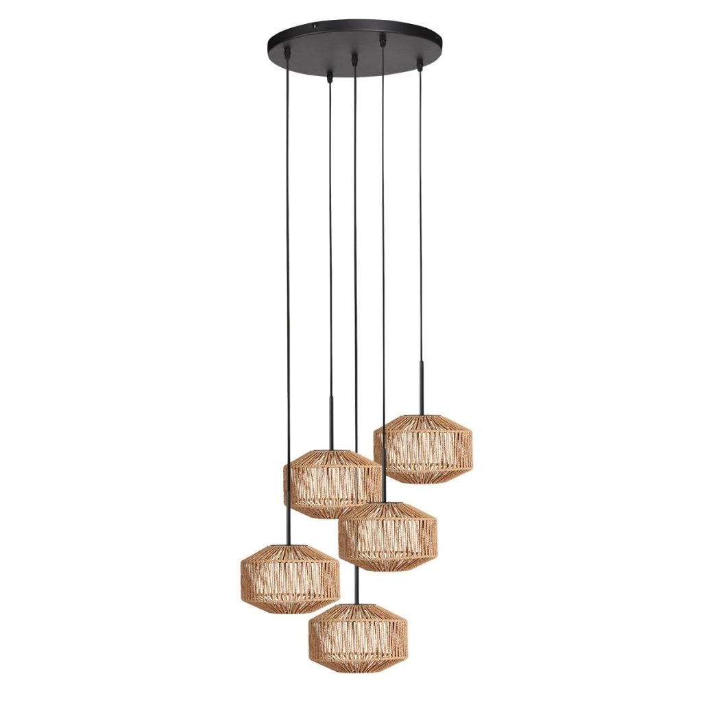 5-light pendant lamp Ropex with rattan hoods