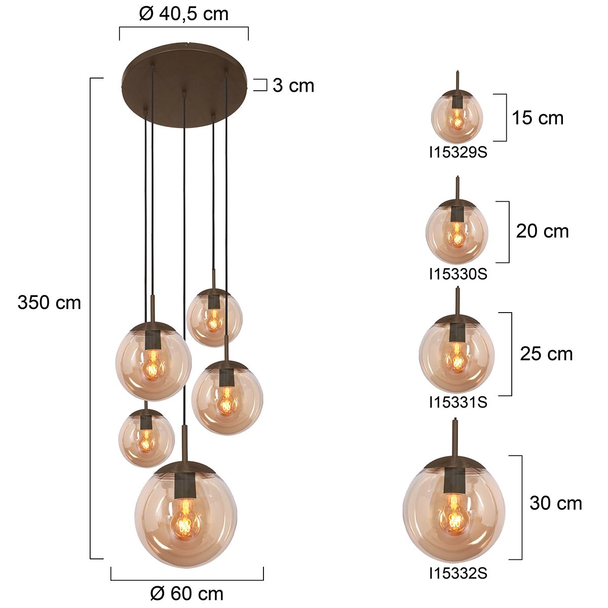 5-light vide pendant lamp Bollique Cocoa with amber glass Steinhauer 8712746187175