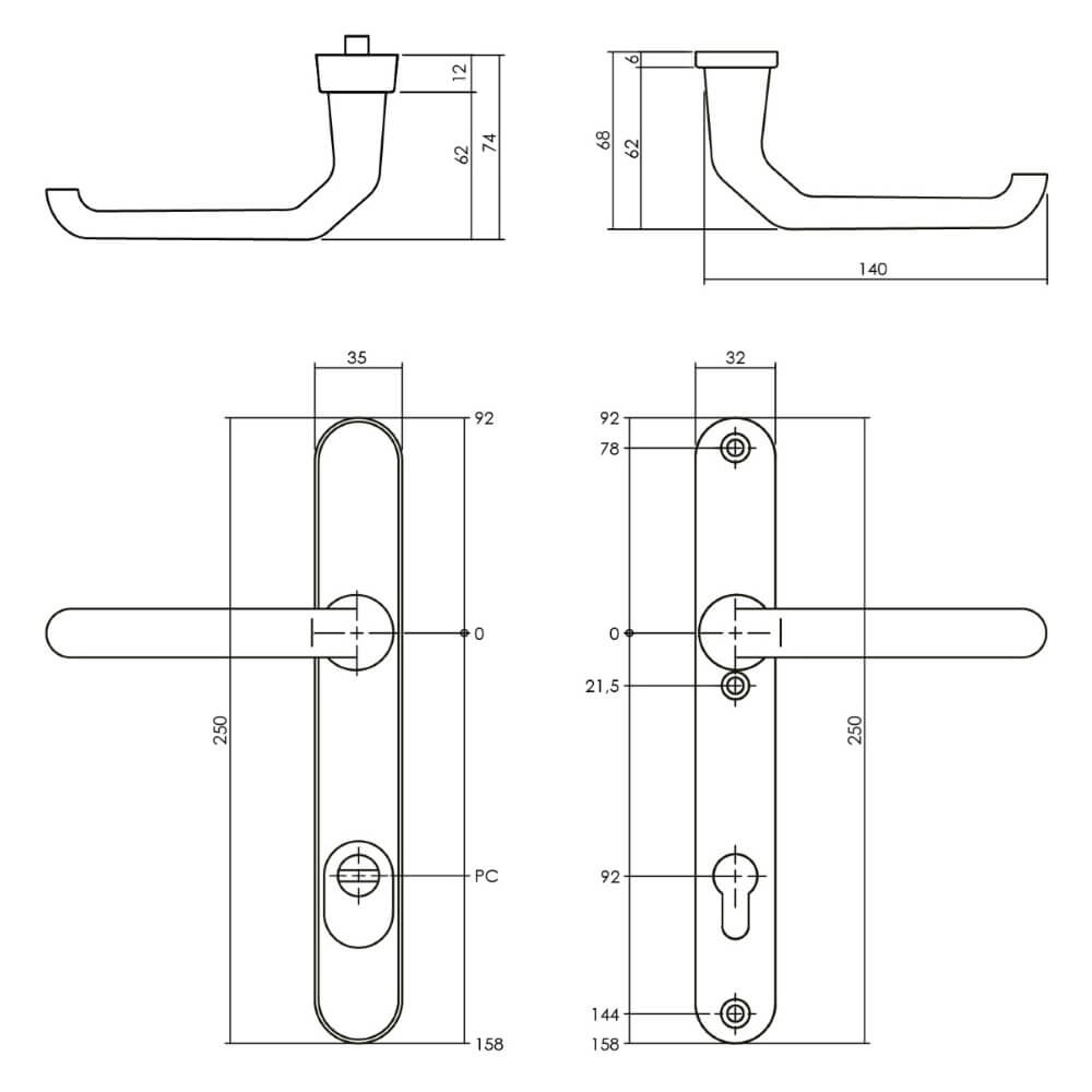 Backdoor hardware Aurano narrow PC 92mm core pull protection aluminum Intersteel 8714186456170