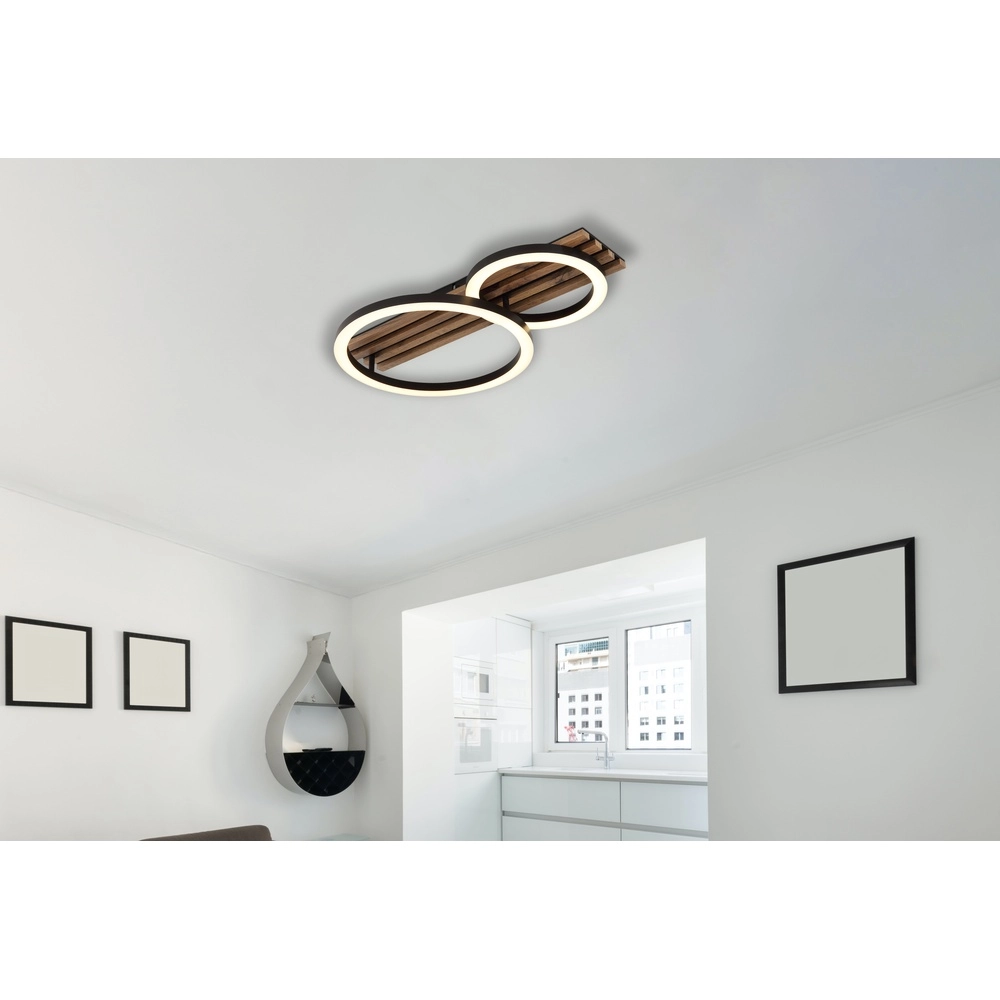 Ceiling lamp Tisha 2 rings black with wood Globo 9007371525577