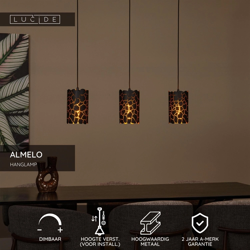 Pendant lamp Almelo 3-light black with gold inside Lucide 5411212211873