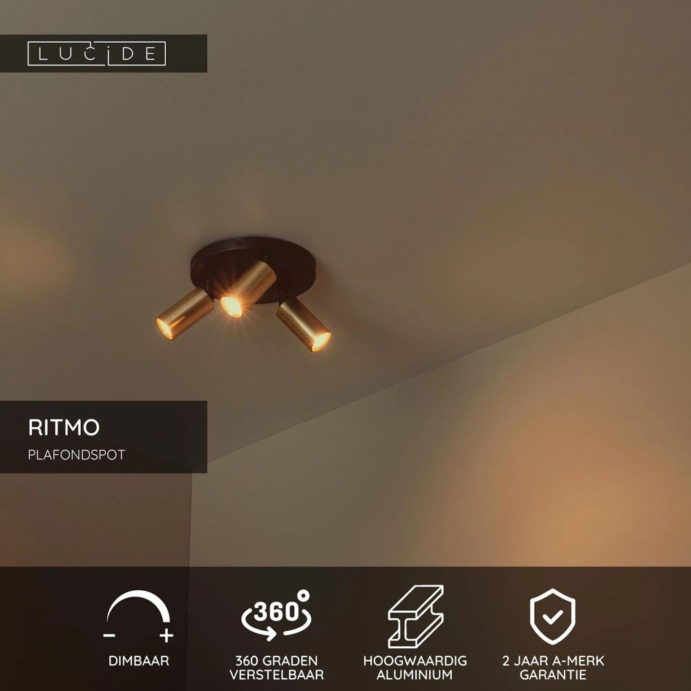 Ceiling spotlight Ritmo mini GU10 3-light gold Lucide 5411212094018