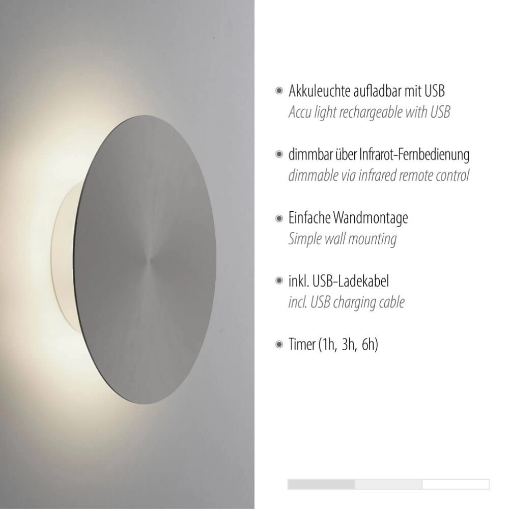 Design wall lamp Akku Puntua Ø 18cm grey Paul Neuhaus 4012248372487