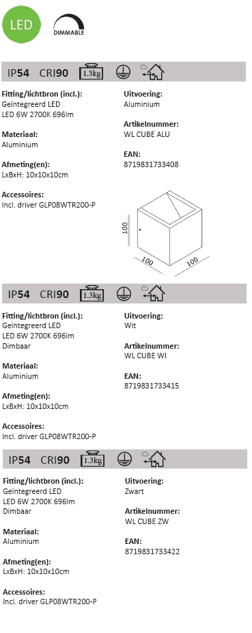 LED up & down light Cube 10cm - white Artdelight 8719831733415