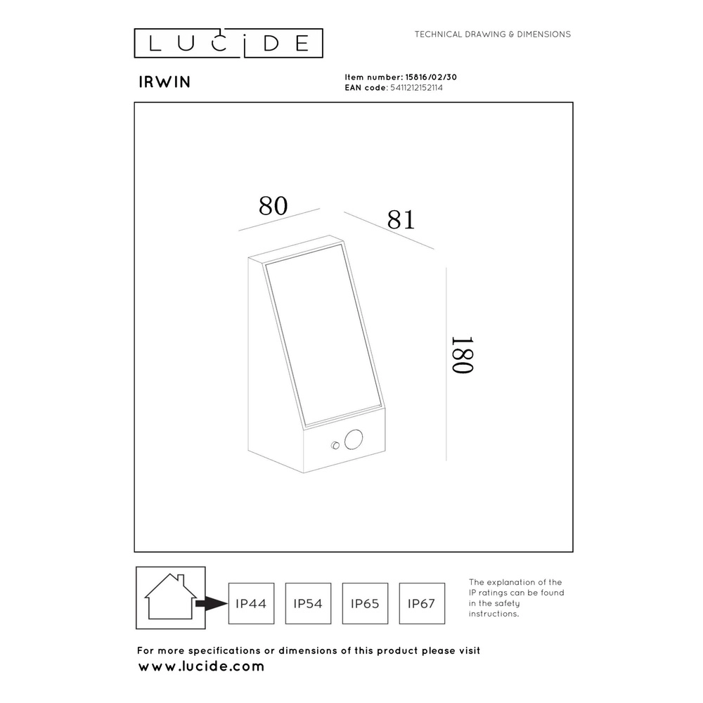 Solar wall light Irwin Black with sensor Lucide 5411212152114