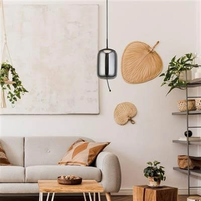 Pendant Lamp Glass Lisbon black with smoke cylinder glass Searchlight 5053423190341