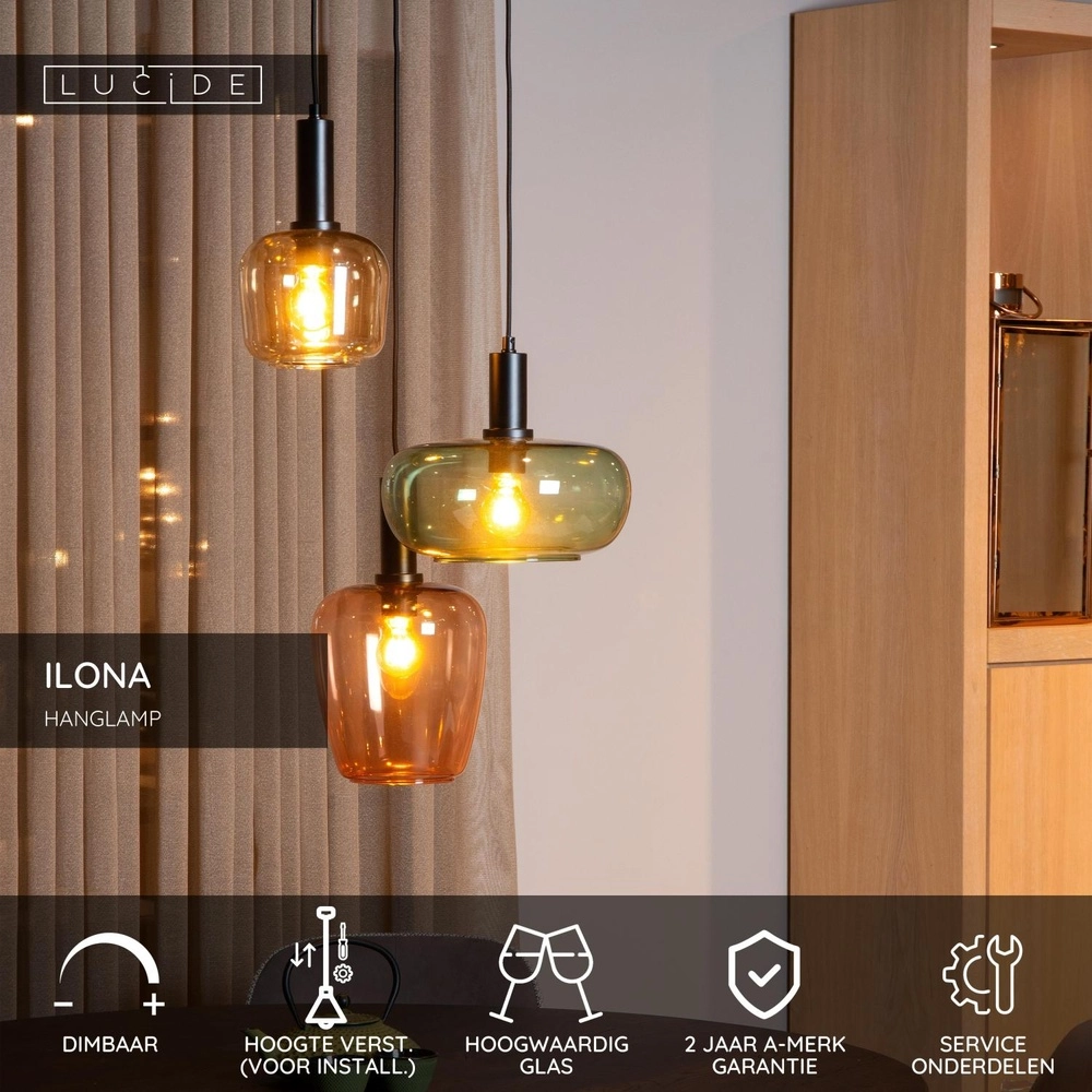 3-light pendant lamp Ilona black with colored lenses Lucide 5411212452740