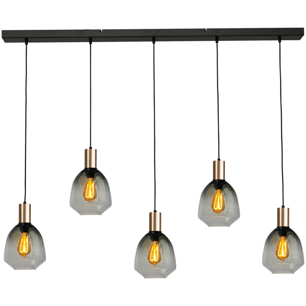 5-light hanging lamp - gold - Porto with Nicolette green glasses