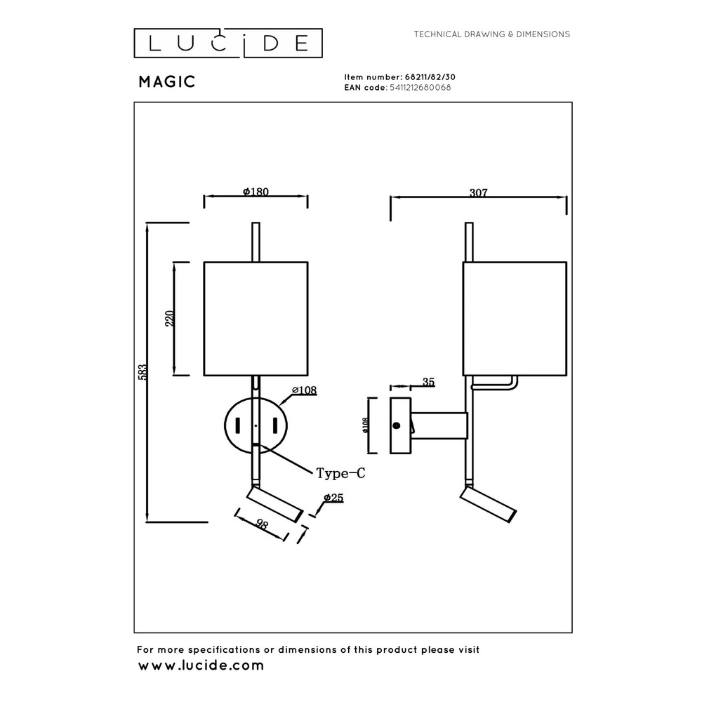 Wall lamp Magic with extra light and USB charging point Lucide 5411212680068