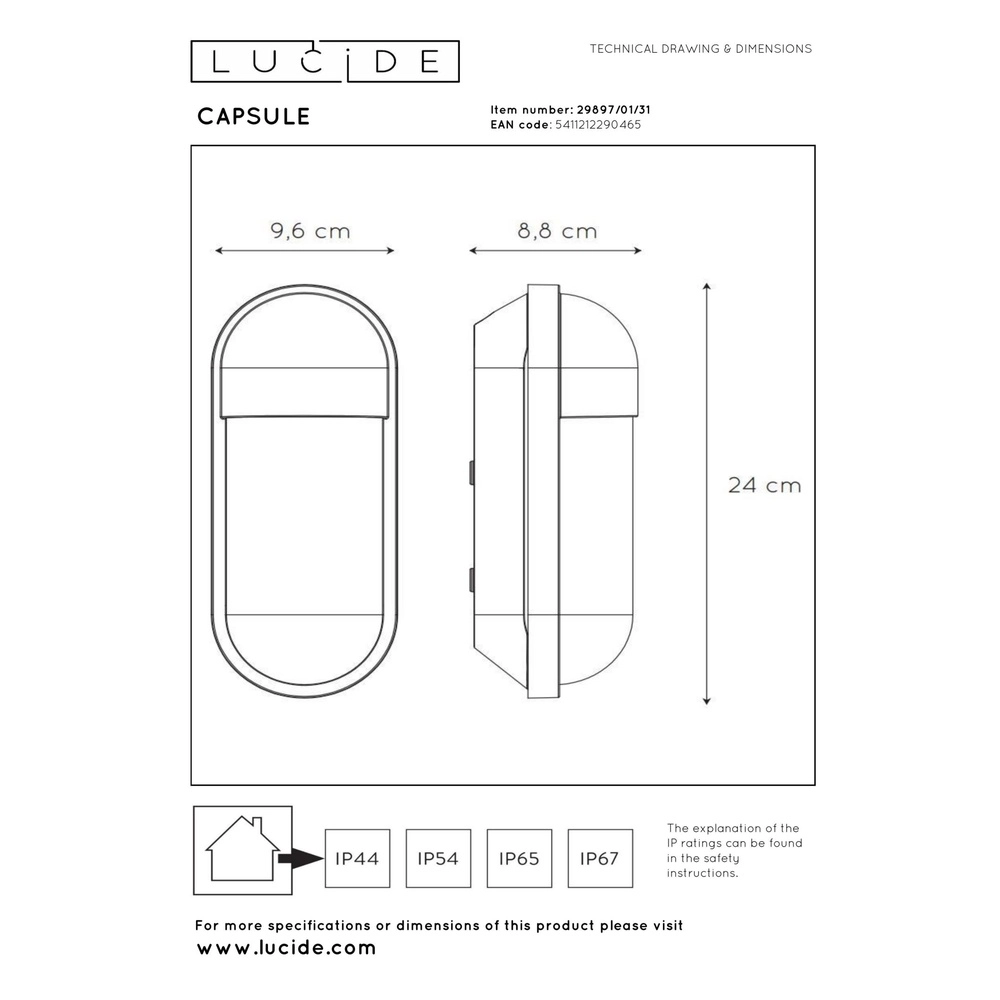Wall lamp Capsule IP54 white Lucide 5411212290465