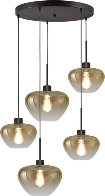 5-light pendant lamp Genua black with 3x gold glass Ø 24cm and 2x Ø 29cm