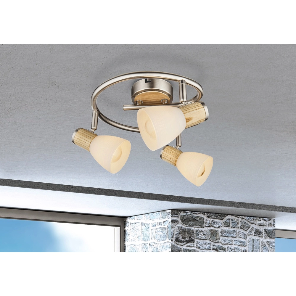 Ceiling lamp Gylfi nickel with wood 3-lights Globo 9007371349548