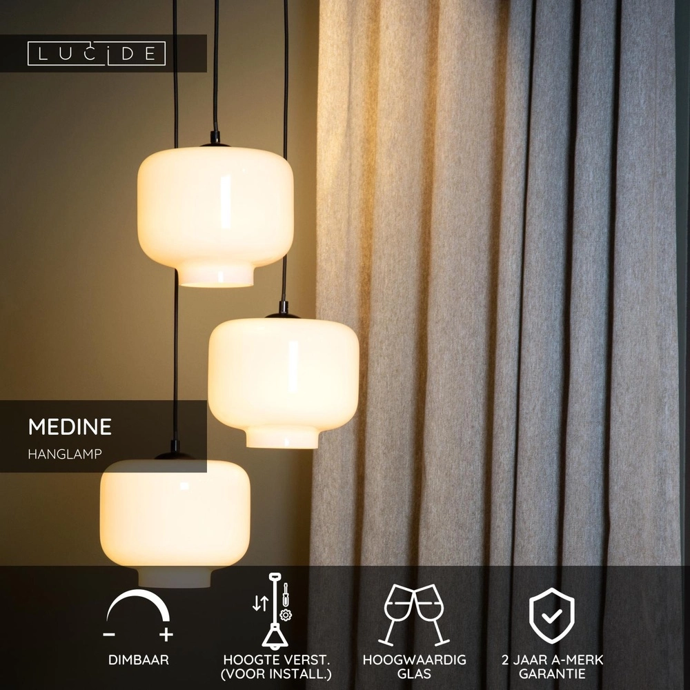Round pendant lamp Medine 3-light black with opal Lucide 5411212460981