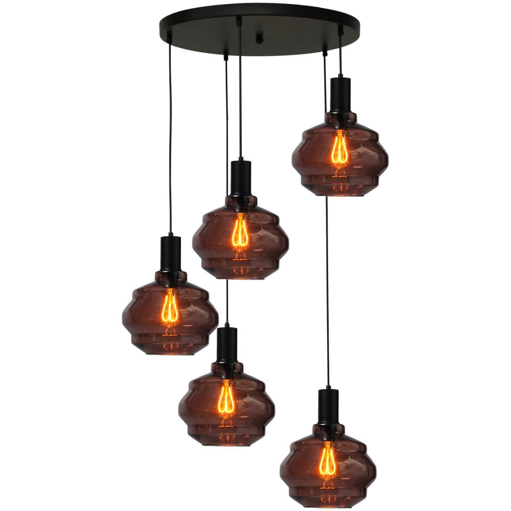 5-light loft hanging lamp - black - Porto with Ball red glasses - Ø 24cm