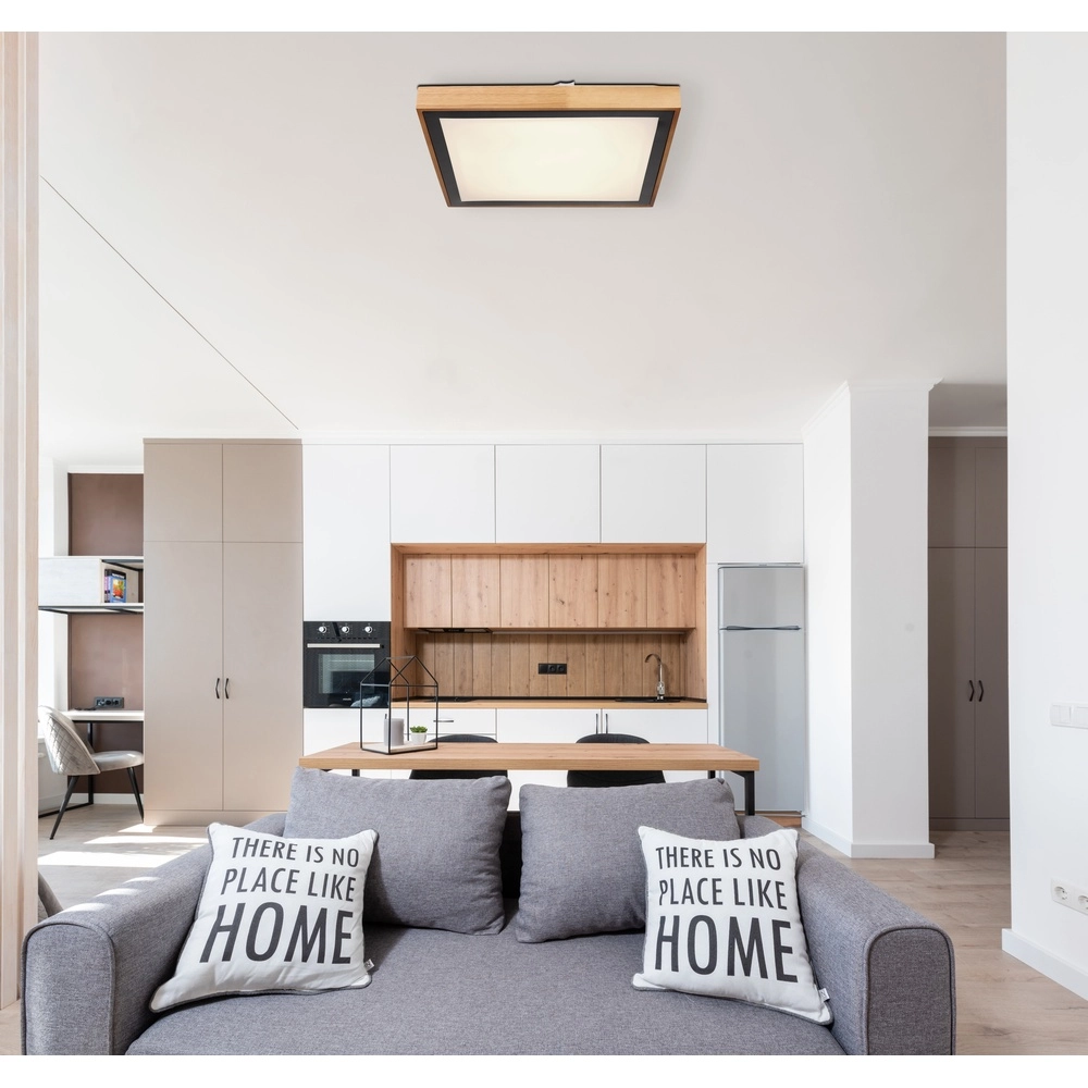 Ceiling lamp Bruno 39cm square black with wood Globo 9007371433469