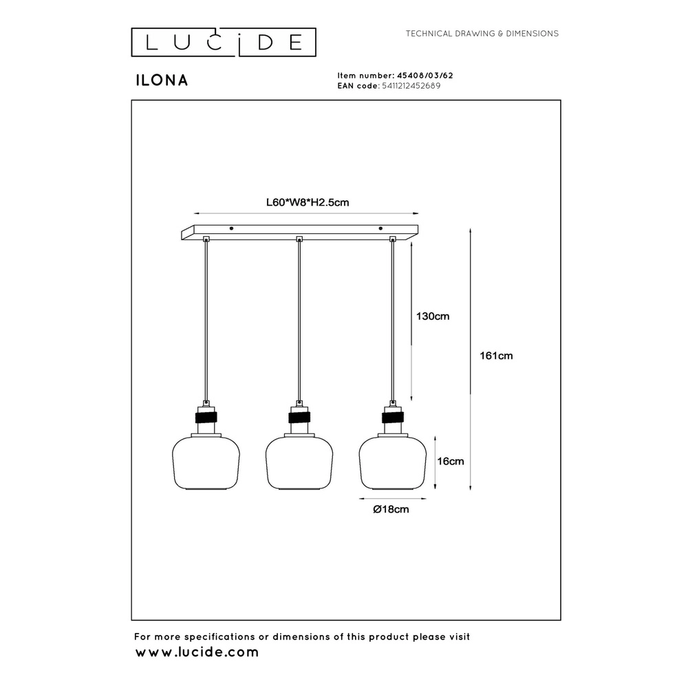 3-light pendant lamp Ilona black with amber glass Lucide 5411212452689