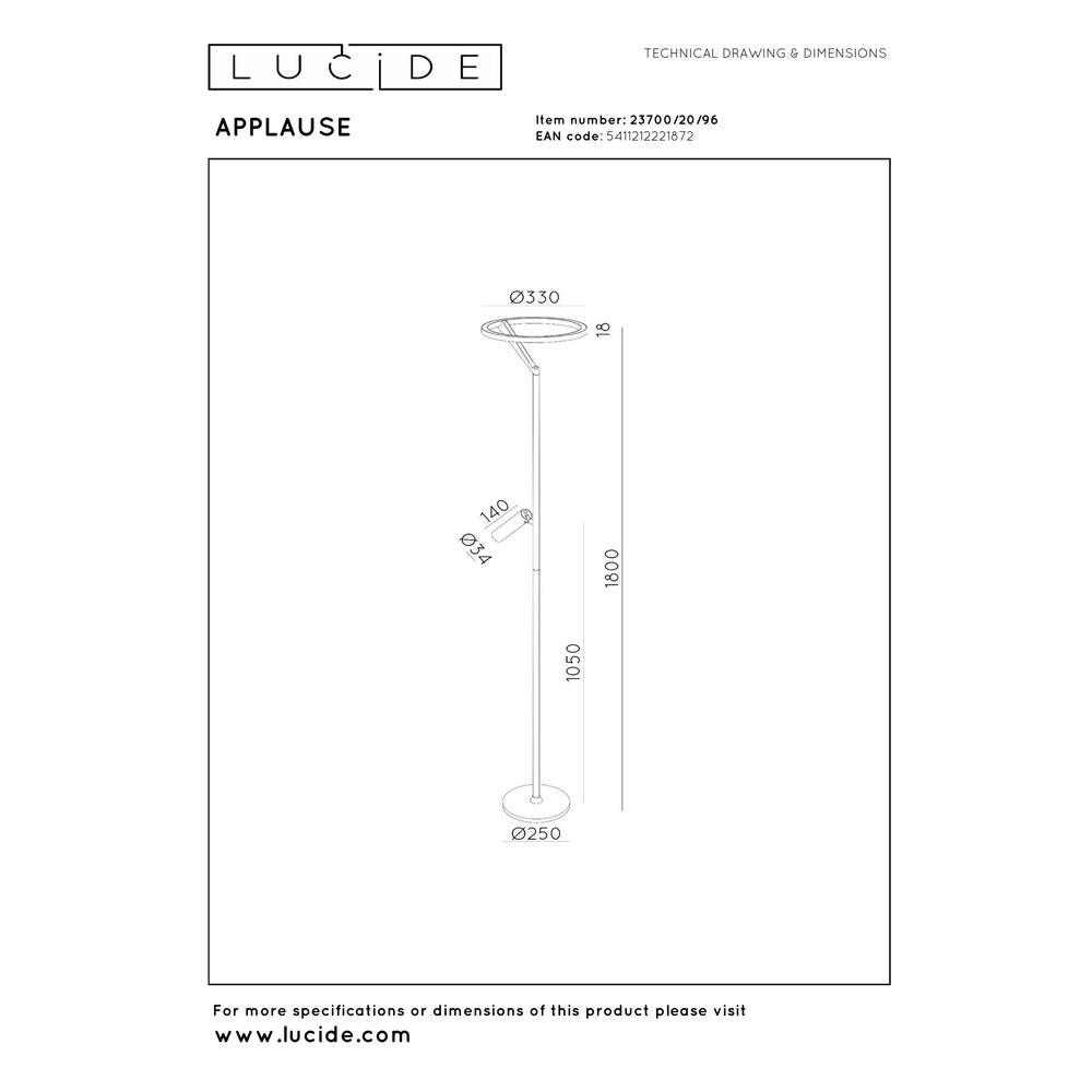Sleek floor lamp with reading lamp Applause Brushed copper - LED Premium by Lucide 5411212221872