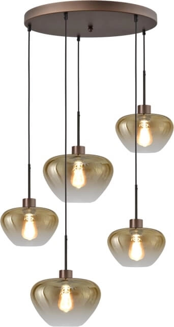5-light pendant lamp Genua brown with 3x gold glass Ø 24cm and 2x Ø 29cm