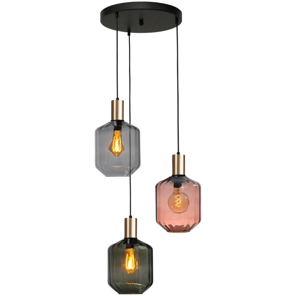 3-light loft hanging lamp - gold - Porto with Jagger glasses
