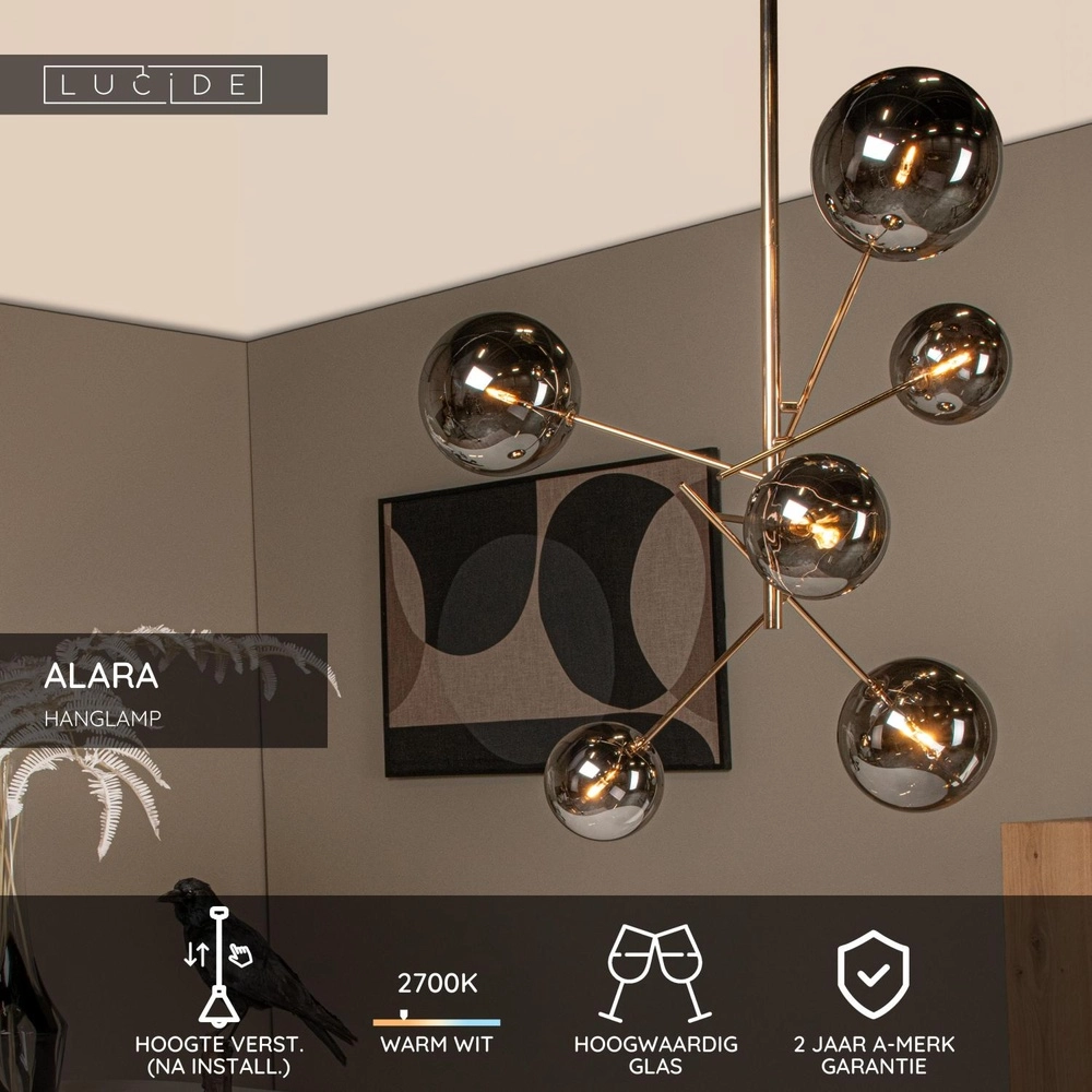 6-light pendant lamp Alara Gold with smoke balls Lucide 5411212461025