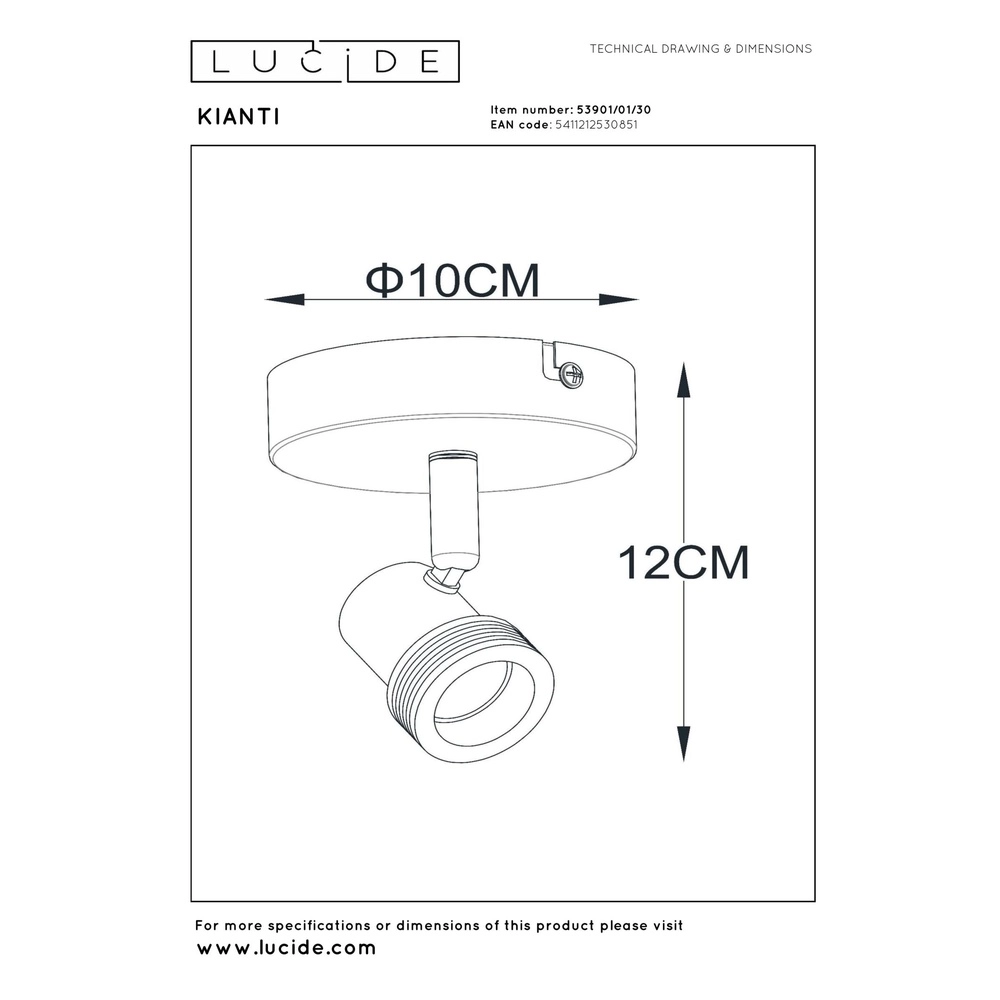Ceiling spotlight Kianti Single Black Lucide 5411212530851