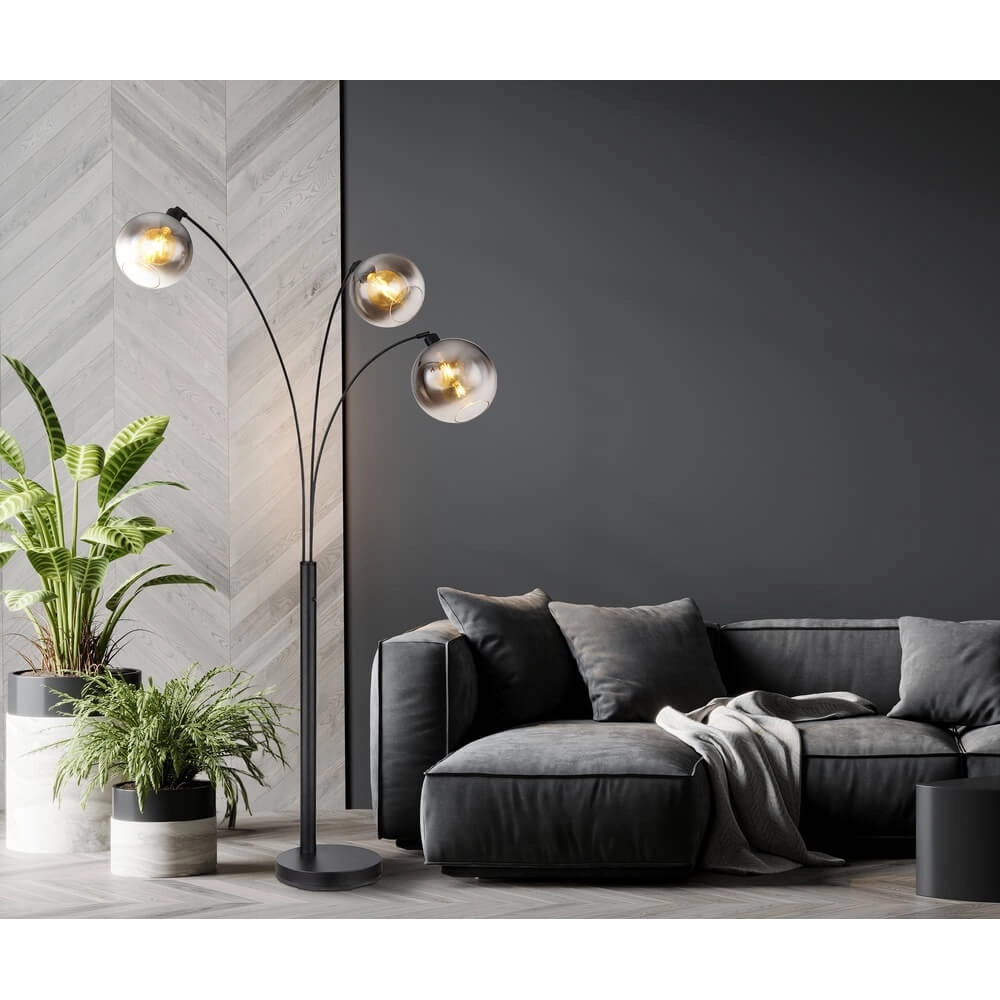 Black floor lamp Newcastle Sphere Smoke Glass 3-lights Globo 9007371449798