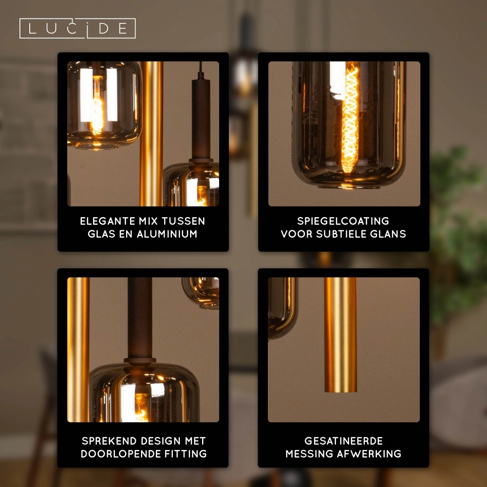 4-light pendant lamp Joanet Ø 65cm gold with smoke glass Lucide 5411212452924