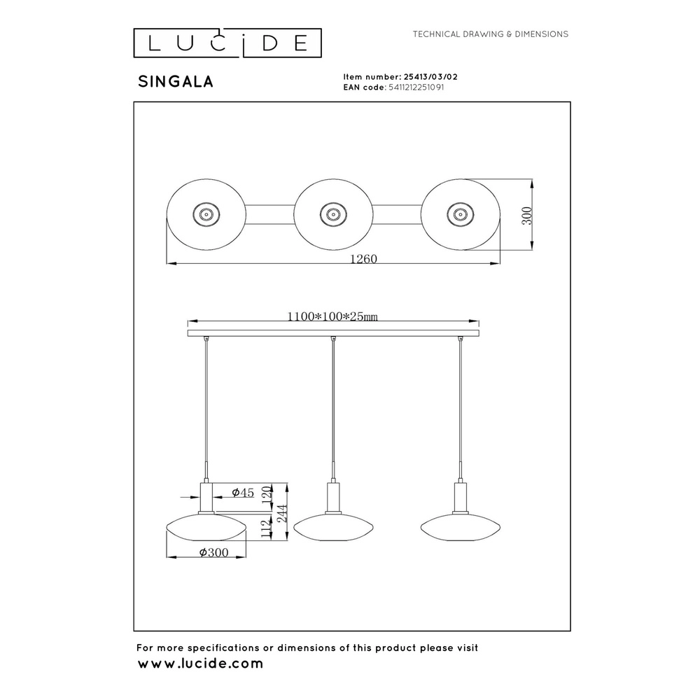 Design pendant lamp Singala 3-light straight gold with white Lucide 5411212251091