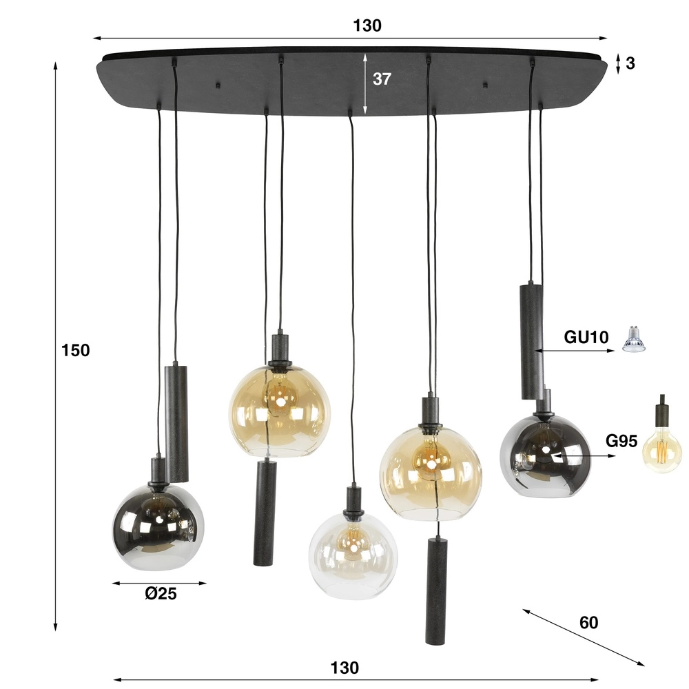 Dining table pendant lamp Sfera with coloured glass balls and pendants Lyora 8716803512405