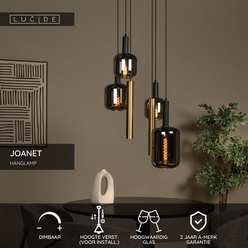 4-light pendant lamp Joanet Ø 65cm gold with smoke glass Lucide 5411212452924