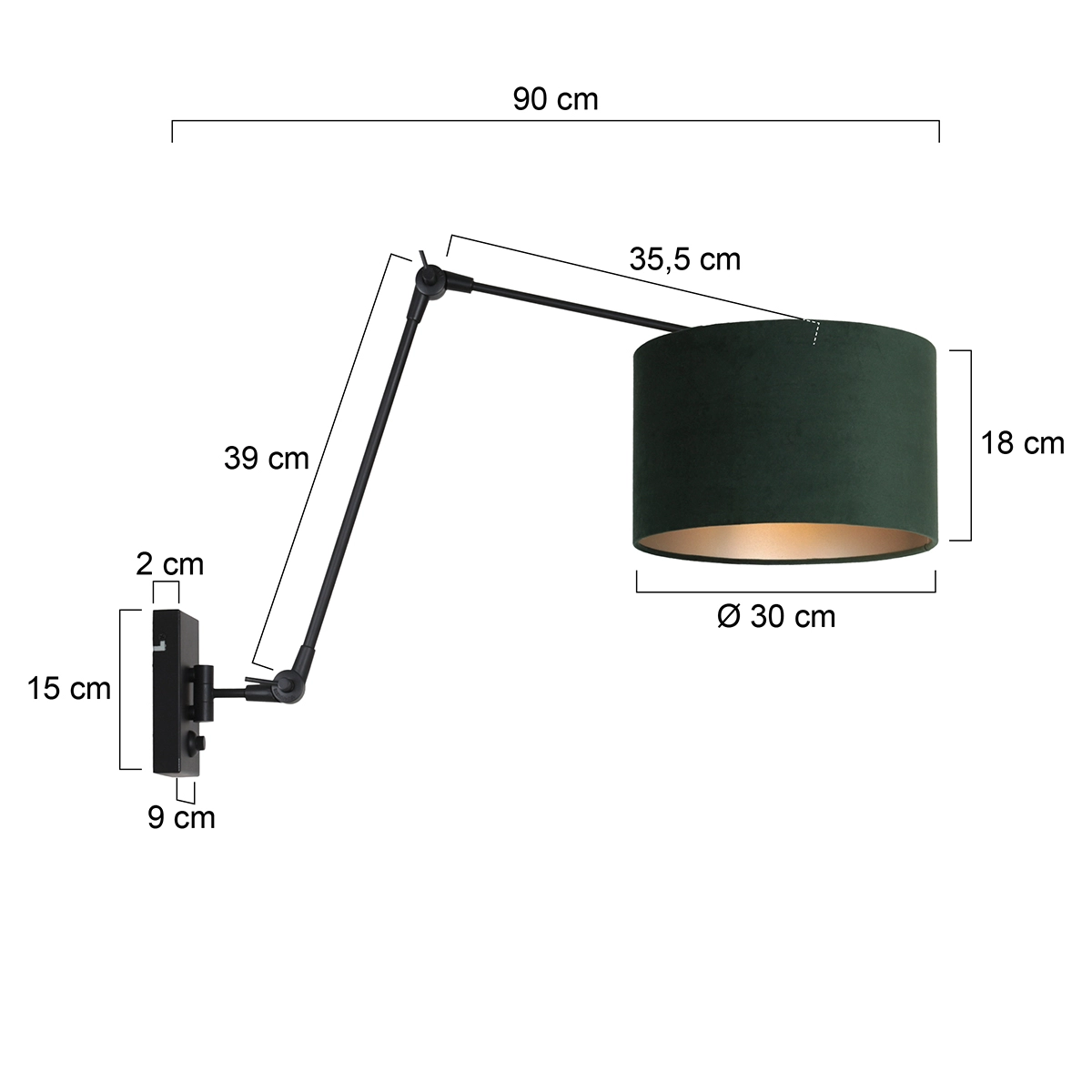 Wall Reading Lamp Prestige Chic black with 30cm green velvet shade Steinhauer 8712746145915