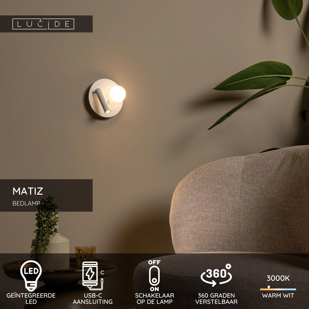 Design bedside lamp Matiz white with USB charging point Lucide 5411212771339