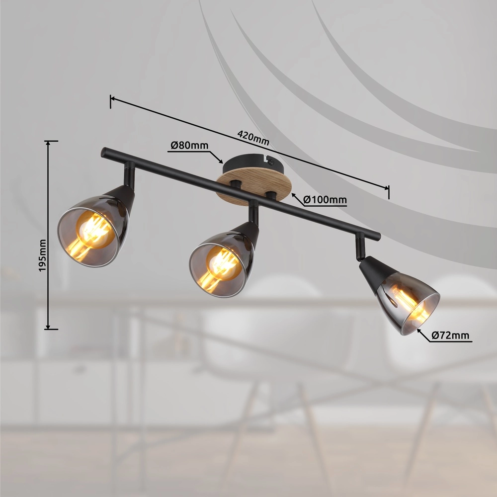 3-light ceiling lamp Mubby black with wood look Globo 9007371448869