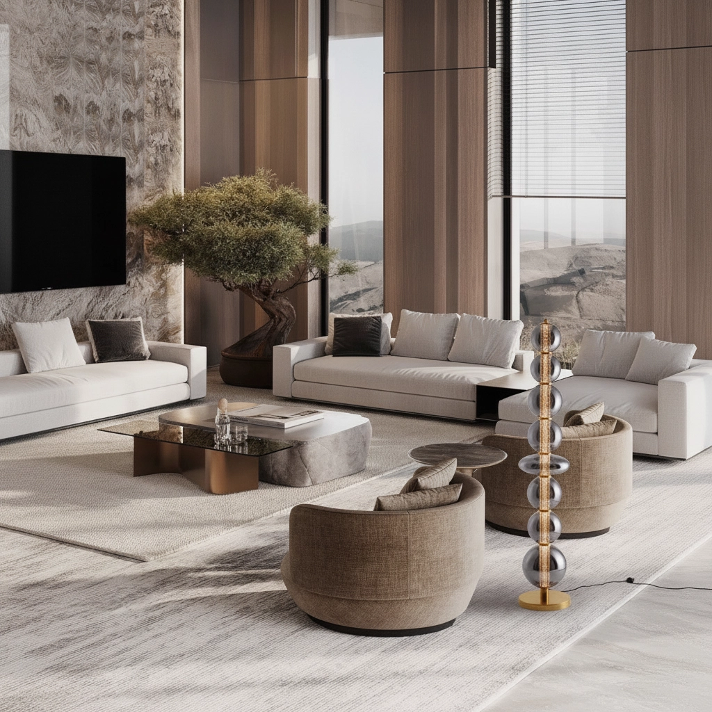 Design floor lamp Navi gold with smoke glass