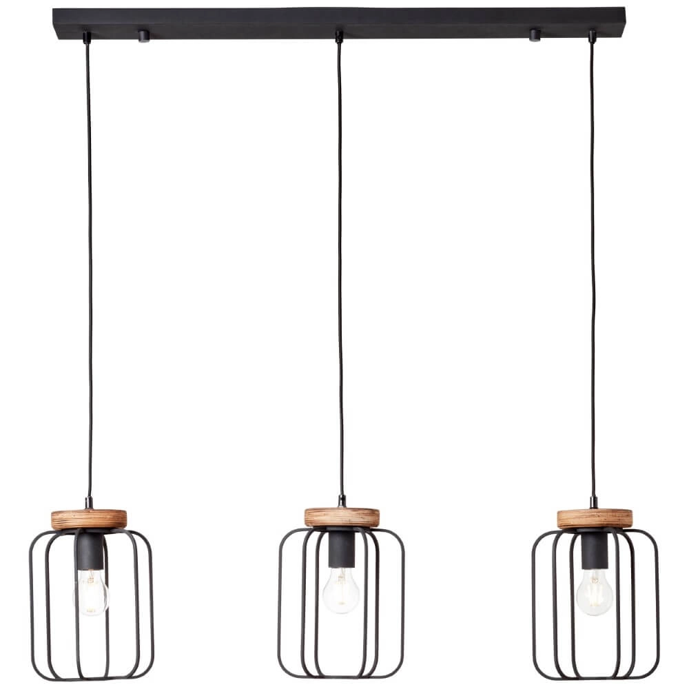 Hanging lamp Tosh Beam 3-light black with wood brown