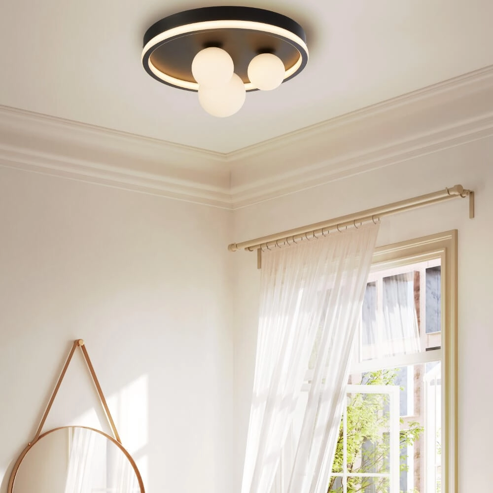 Ceiling lamp Trident black with white spheres Searchlight 5053423274362