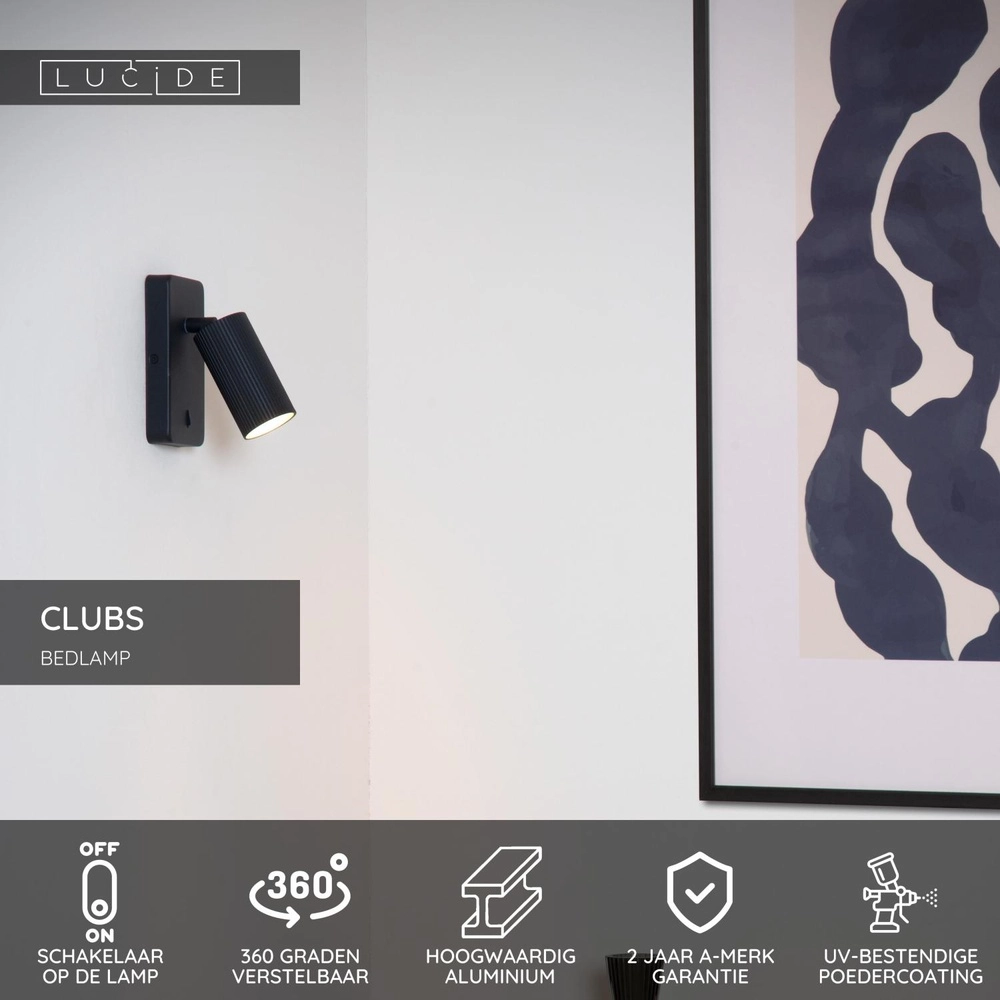 Bedside lamp Clubs Black with switch Lucide 5411212093400