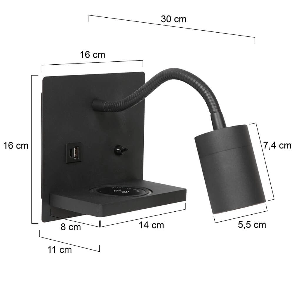 Bed lamp black Upround With charger and USB Steinhauer 8712746170467