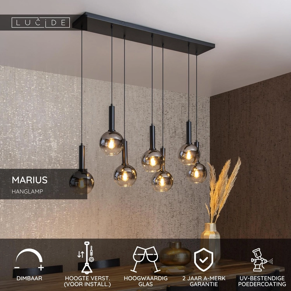 Pendant lamp Marius 7-light black Lucide 5411212452221